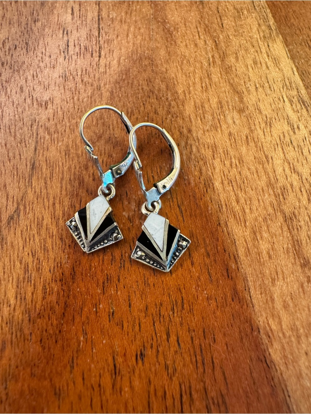 Sterling Silver Black and White Geometric Leverback Earrings